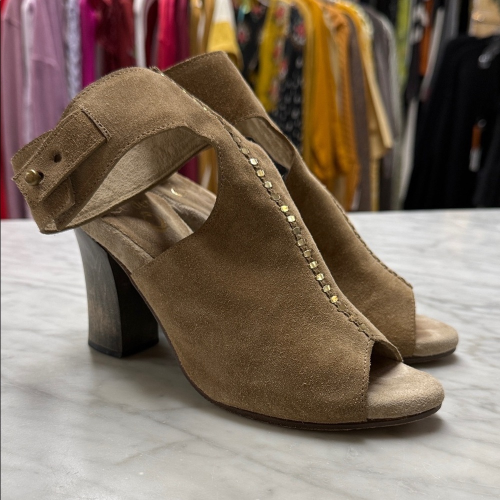 Calleen Cordero Tan Suede Ankle Strap Heeled Sandal Size 6